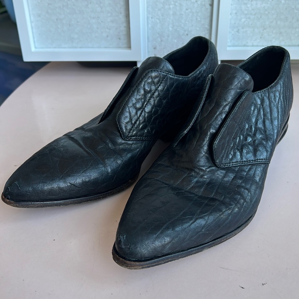 ALEXANDER WANG Textured Black Leather, Slip-On Ankle Shoes. Size 38